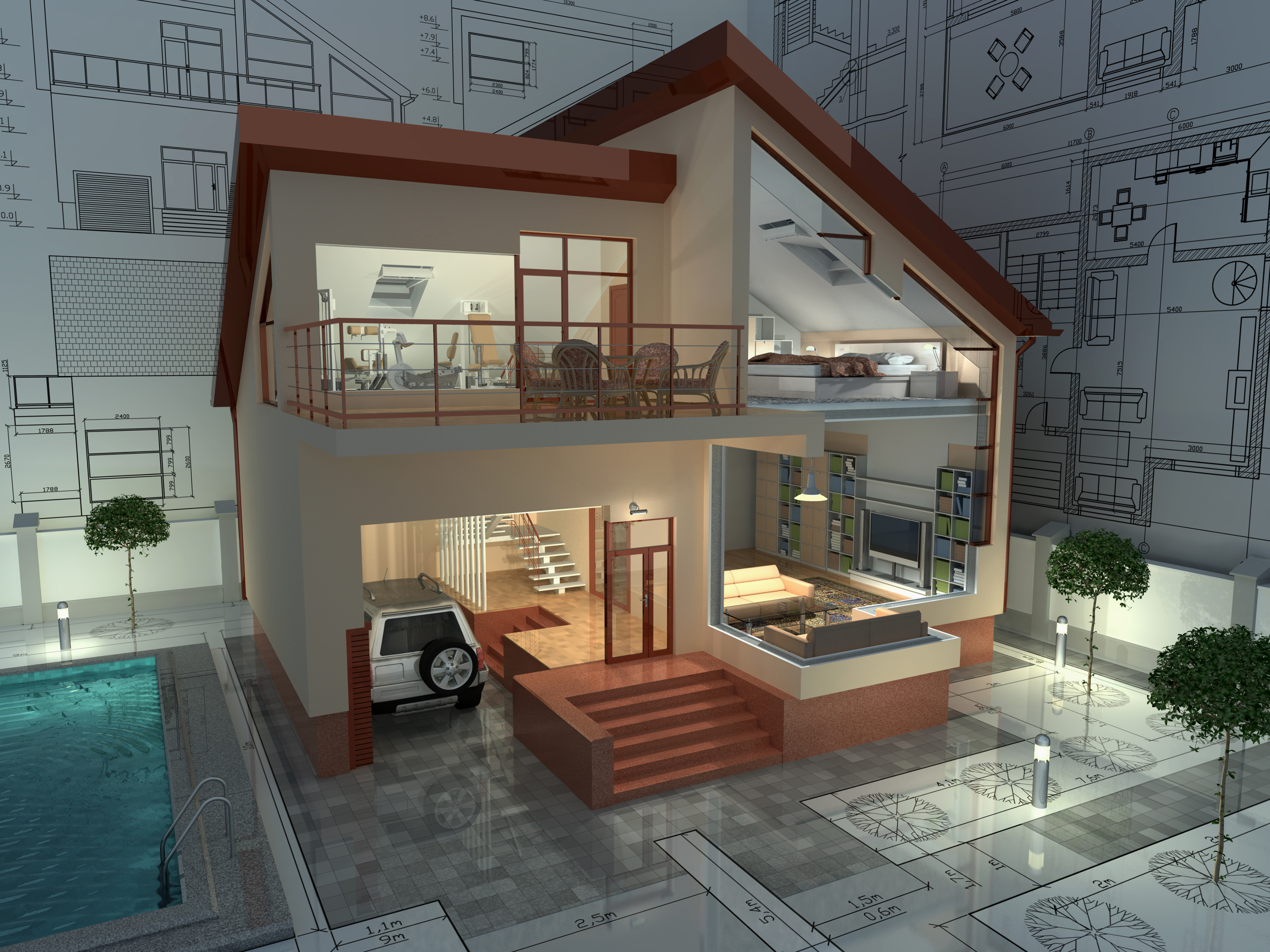 Render 3D de fachada de casa moderna
